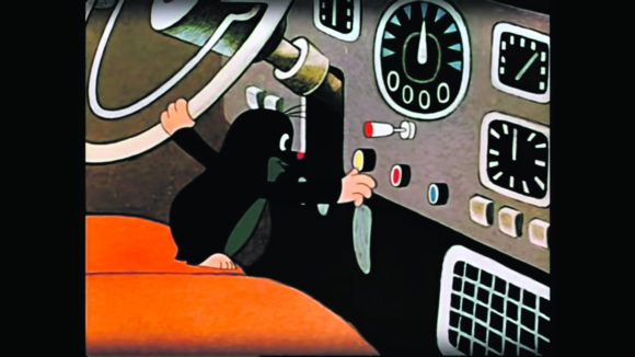 Рис. 1. Возможный символ любознательности и исследовательского поведения — Кротик, обследующий автостоянку и внутренний мир автомобиля (фрагмент мультфильма «Крот и автомобиль», 1963)